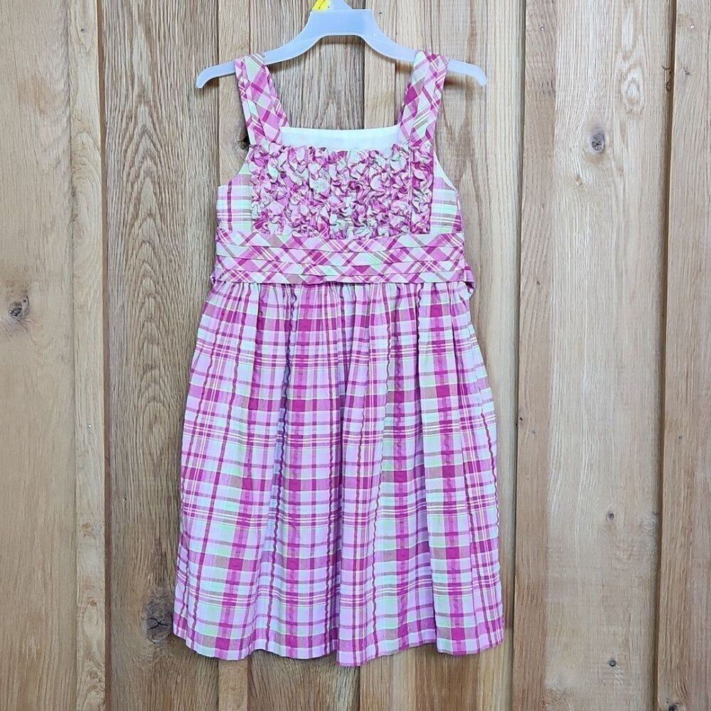 Bonnie Jean Ruffle Sleeveless Knee Length Party Dress, 6X, Pink & White Plaid